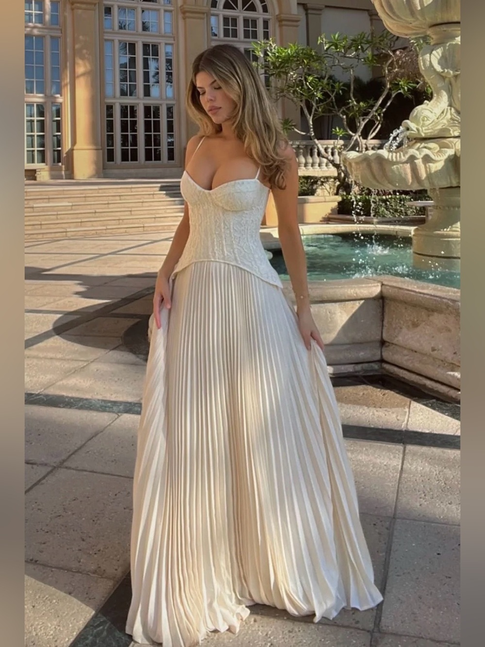 NWT - Fashion Nova Daniella Lace Corset Pleated Maxi Dress - Cream